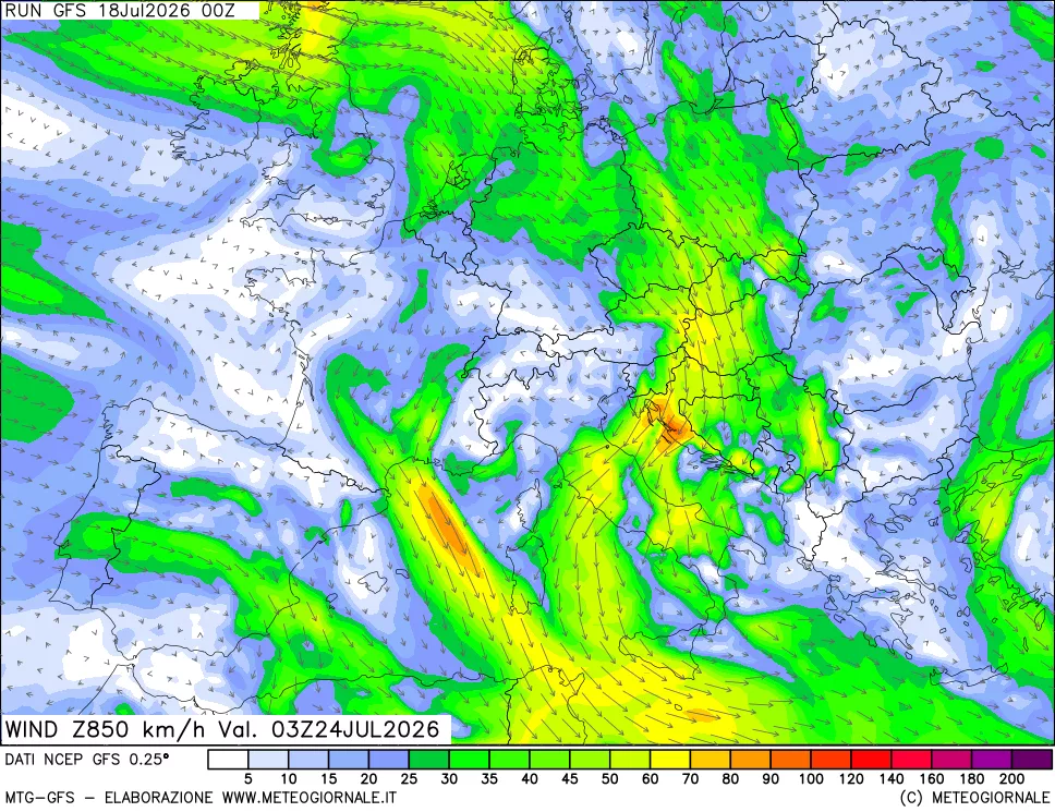 mappa 850 hPa Vento forza e direzione