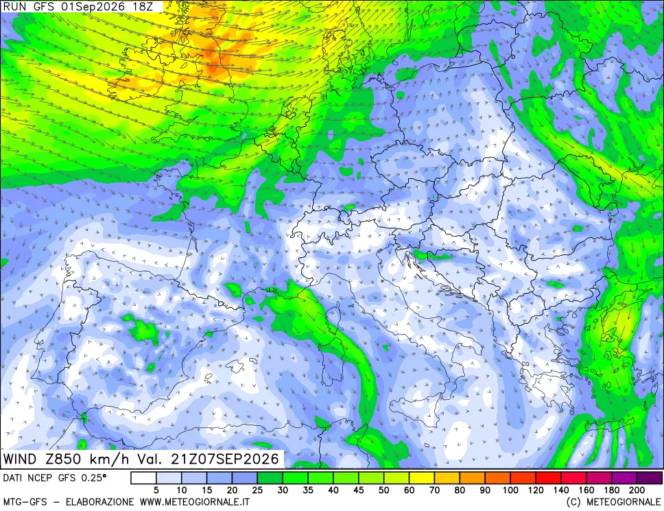 mappa 850 hPa Vento forza e direzione