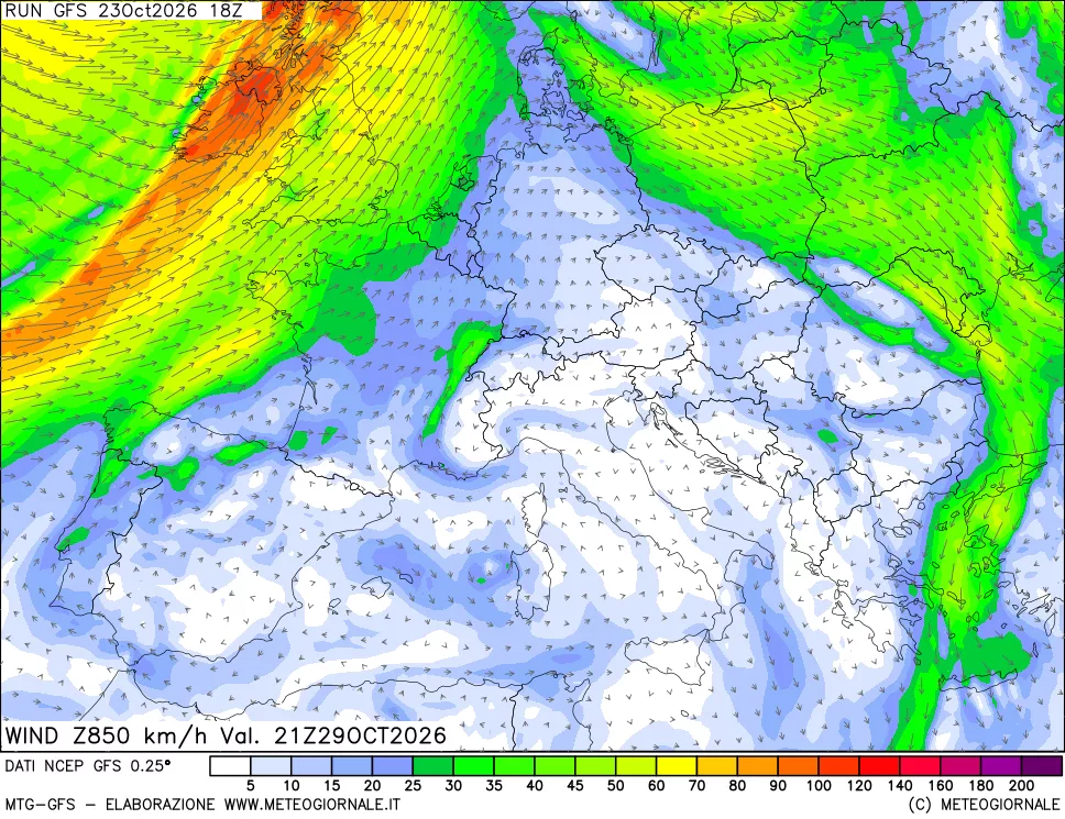 mappa 850 hPa Vento forza e direzione