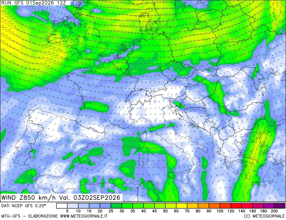 mappa 850 hPa Vento forza e direzione
