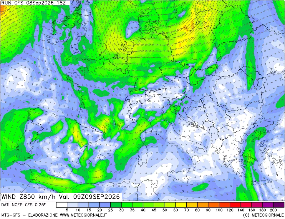 mappa 850 hPa Vento forza e direzione