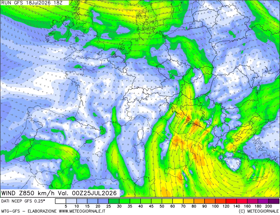 mappa 850 hPa Vento forza e direzione