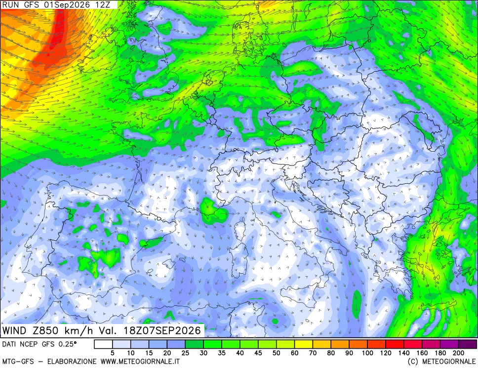 mappa 850 hPa Vento forza e direzione