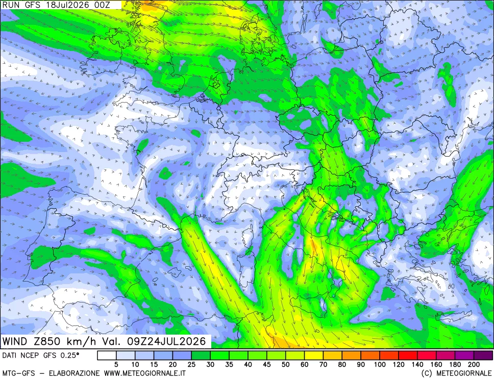 mappa 850 hPa Vento forza e direzione