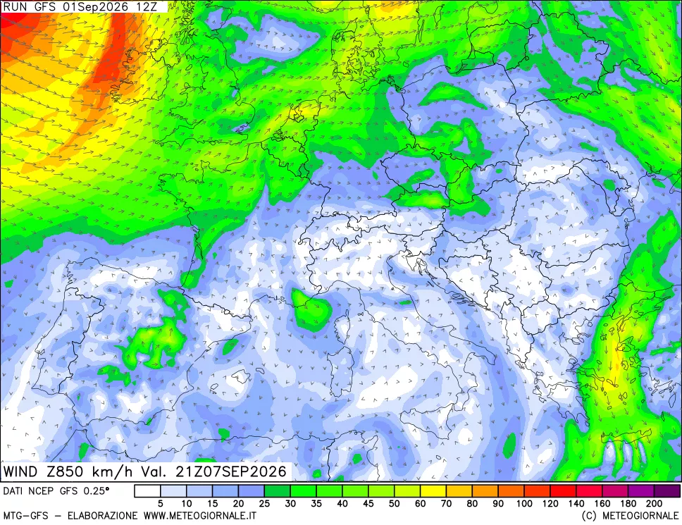 mappa 850 hPa Vento forza e direzione