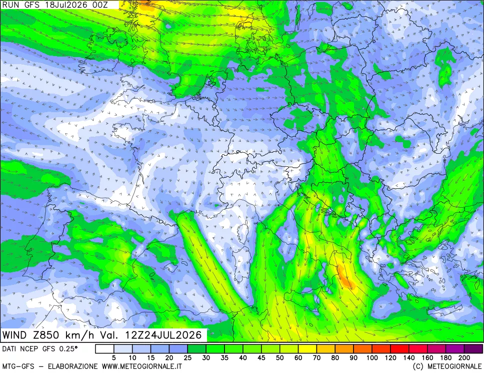 mappa 850 hPa Vento forza e direzione