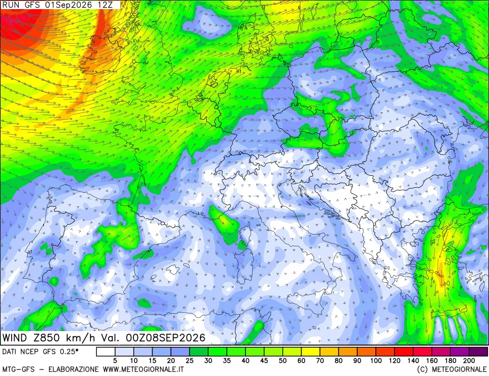 mappa 850 hPa Vento forza e direzione