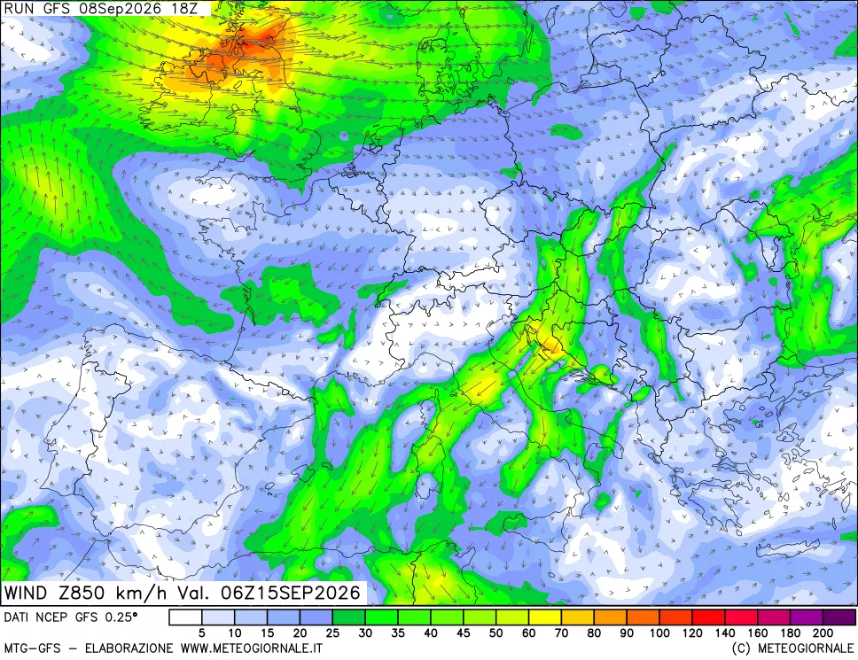 mappa 850 hPa Vento forza e direzione