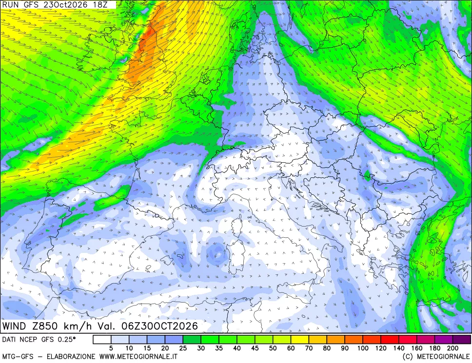 mappa 850 hPa Vento forza e direzione
