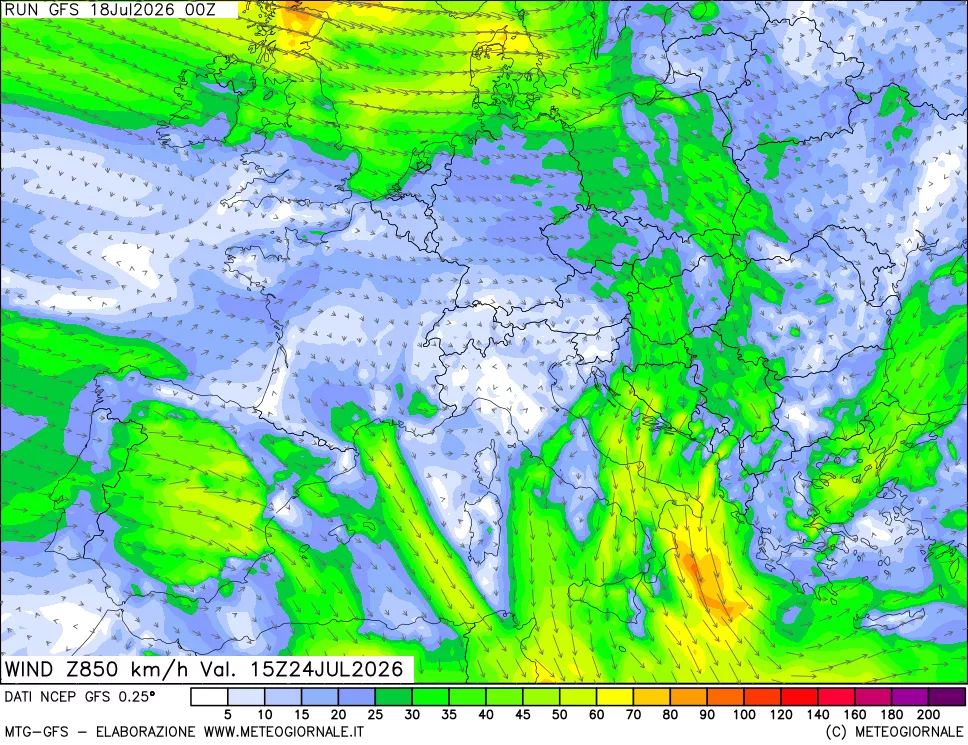 mappa 850 hPa Vento forza e direzione