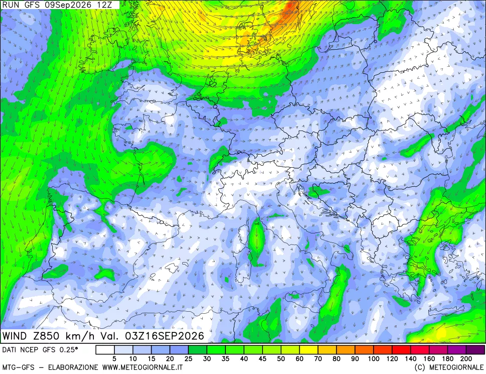 mappa 850 hPa Vento forza e direzione