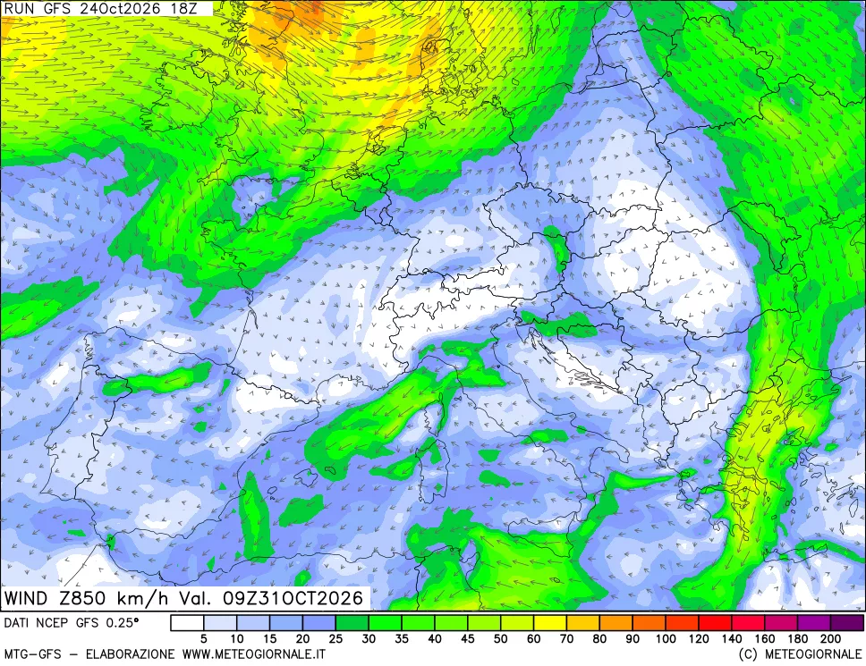 mappa 850 hPa Vento forza e direzione