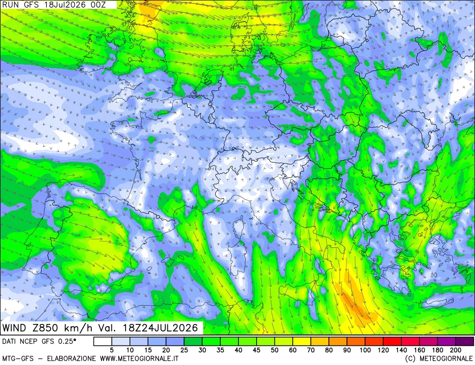 mappa 850 hPa Vento forza e direzione
