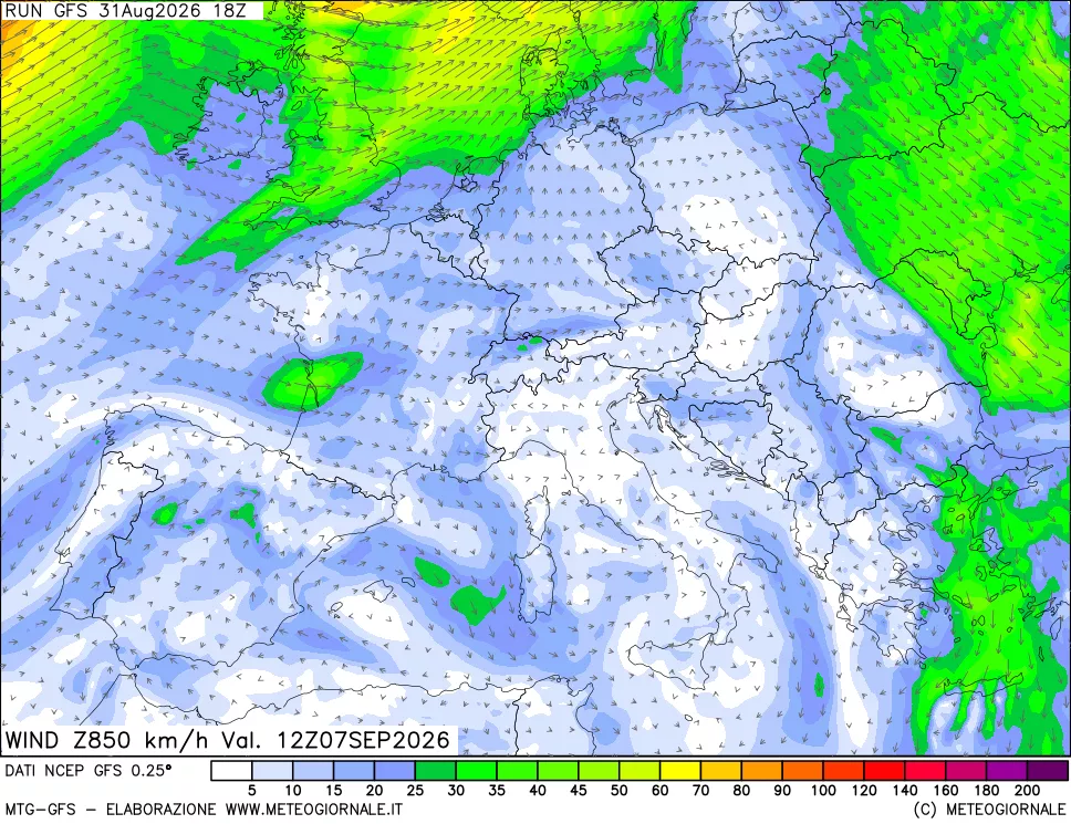 mappa 850 hPa Vento forza e direzione