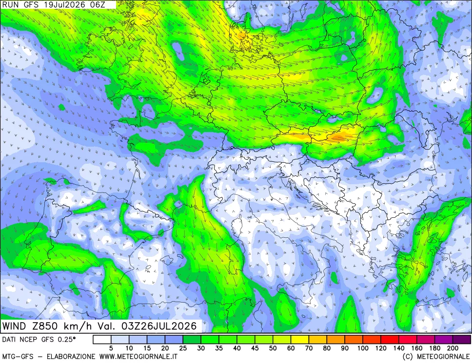 mappa 850 hPa Vento forza e direzione