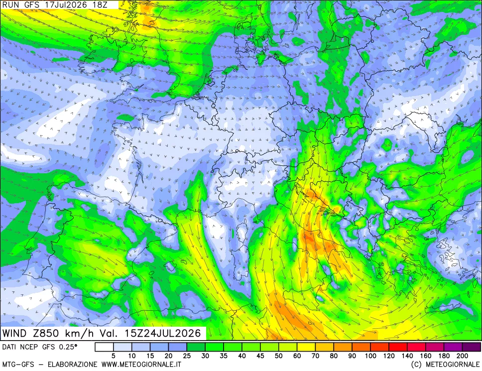 mappa 850 hPa Vento forza e direzione