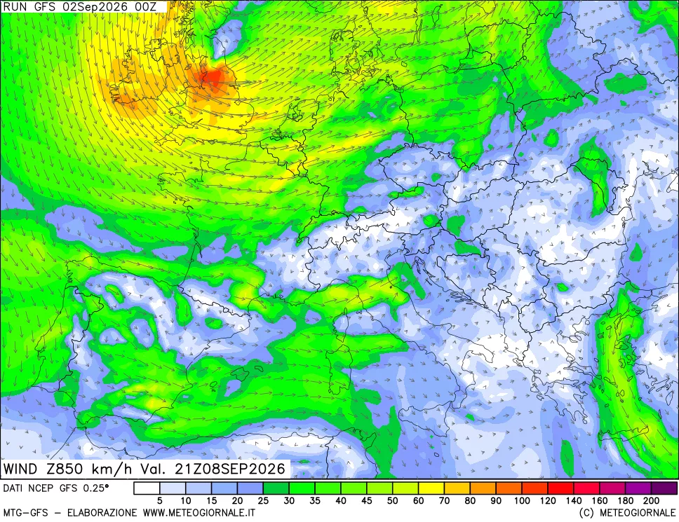 mappa 850 hPa Vento forza e direzione