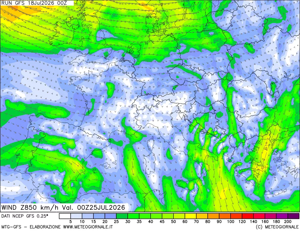 mappa 850 hPa Vento forza e direzione