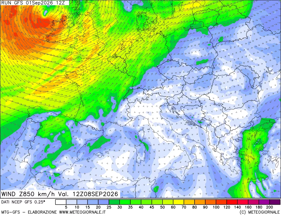 mappa 850 hPa Vento forza e direzione