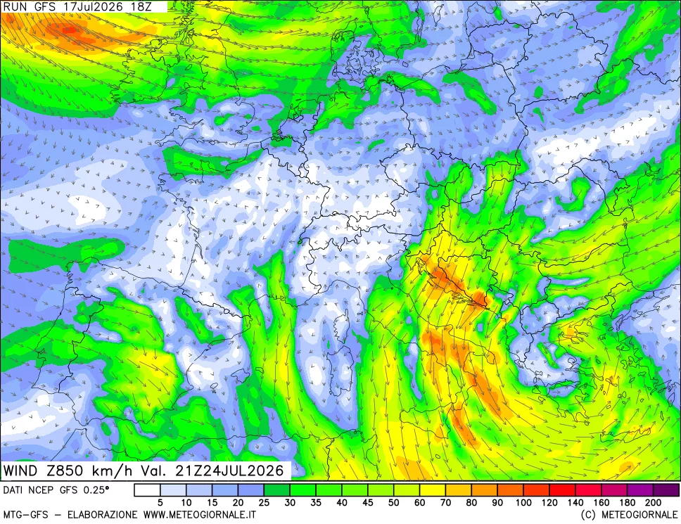 mappa 850 hPa Vento forza e direzione