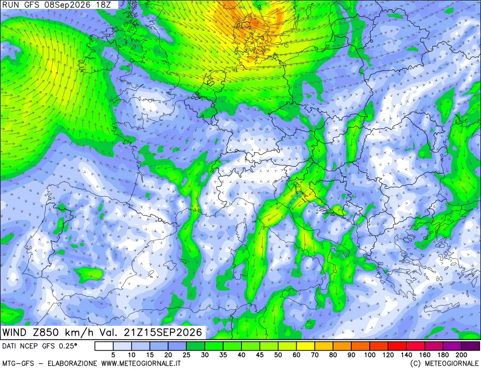 mappa 850 hPa Vento forza e direzione