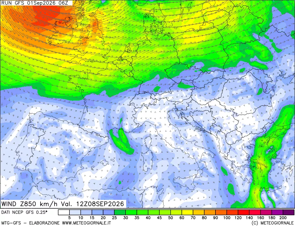 mappa 850 hPa Vento forza e direzione