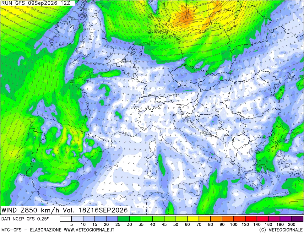 mappa 850 hPa Vento forza e direzione