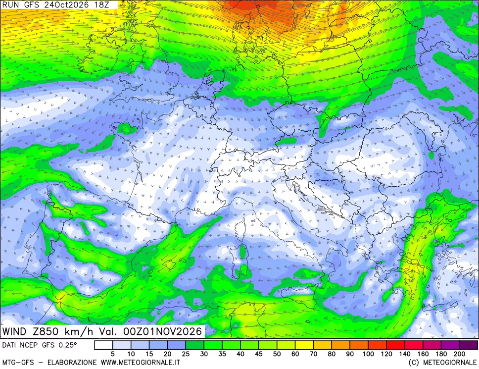 mappa 850 hPa Vento forza e direzione