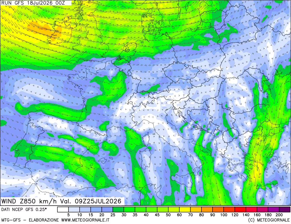 mappa 850 hPa Vento forza e direzione
