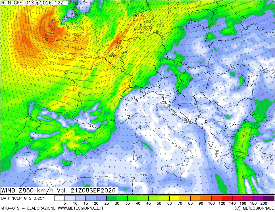 mappa 850 hPa Vento forza e direzione