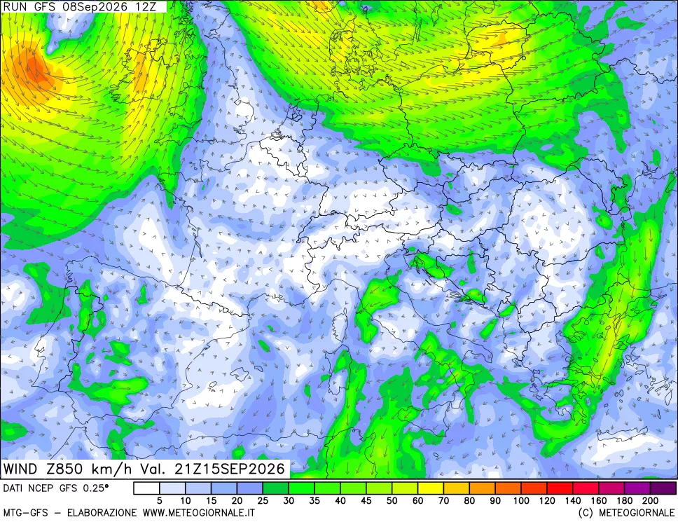 mappa 850 hPa Vento forza e direzione
