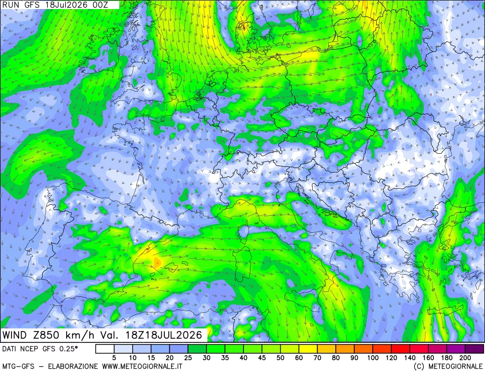 mappa 850 hPa Vento forza e direzione