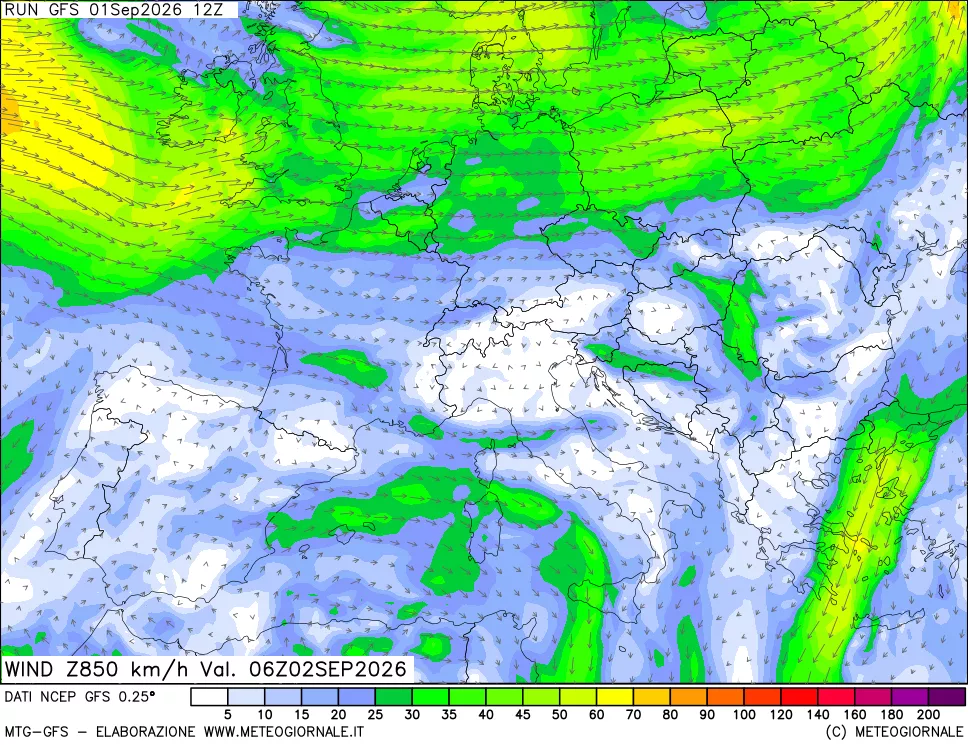 mappa 850 hPa Vento forza e direzione