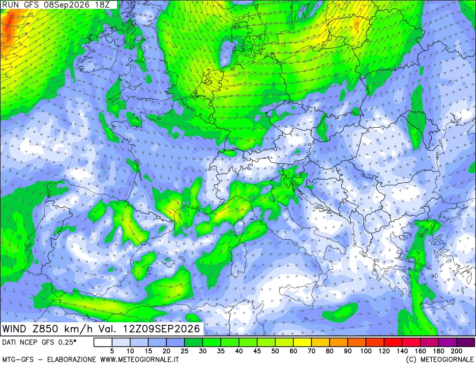 mappa 850 hPa Vento forza e direzione