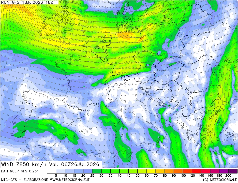 mappa 850 hPa Vento forza e direzione