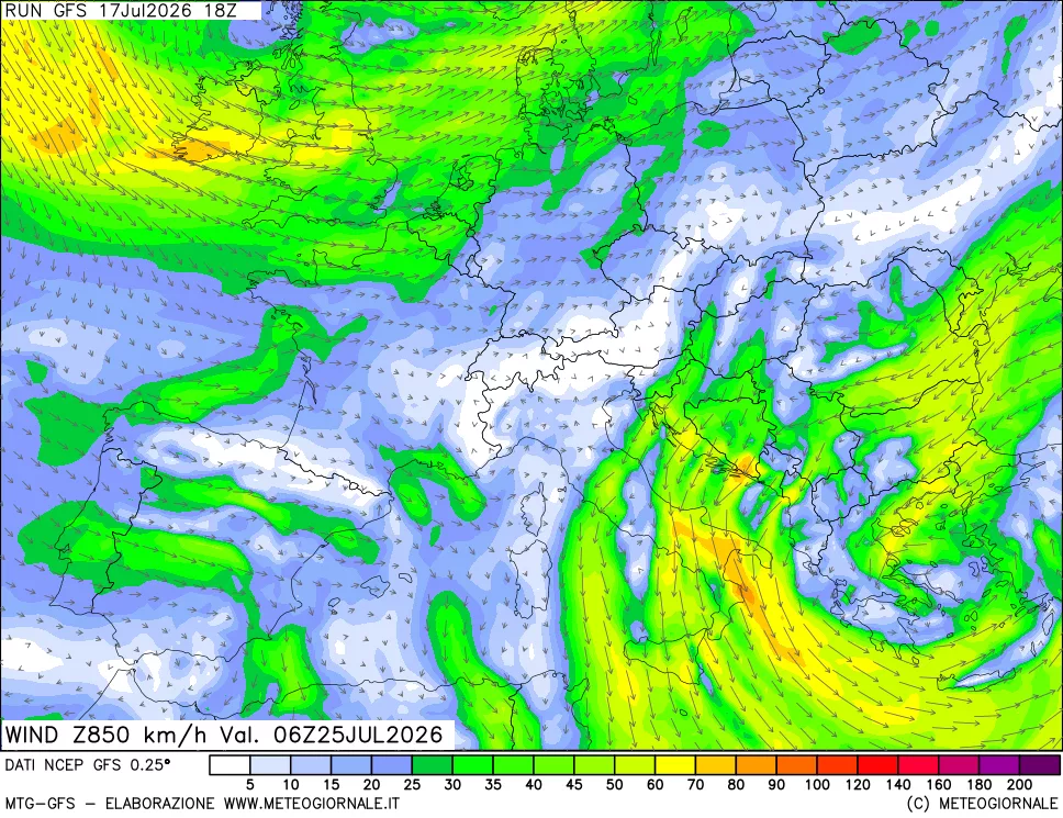 mappa 850 hPa Vento forza e direzione