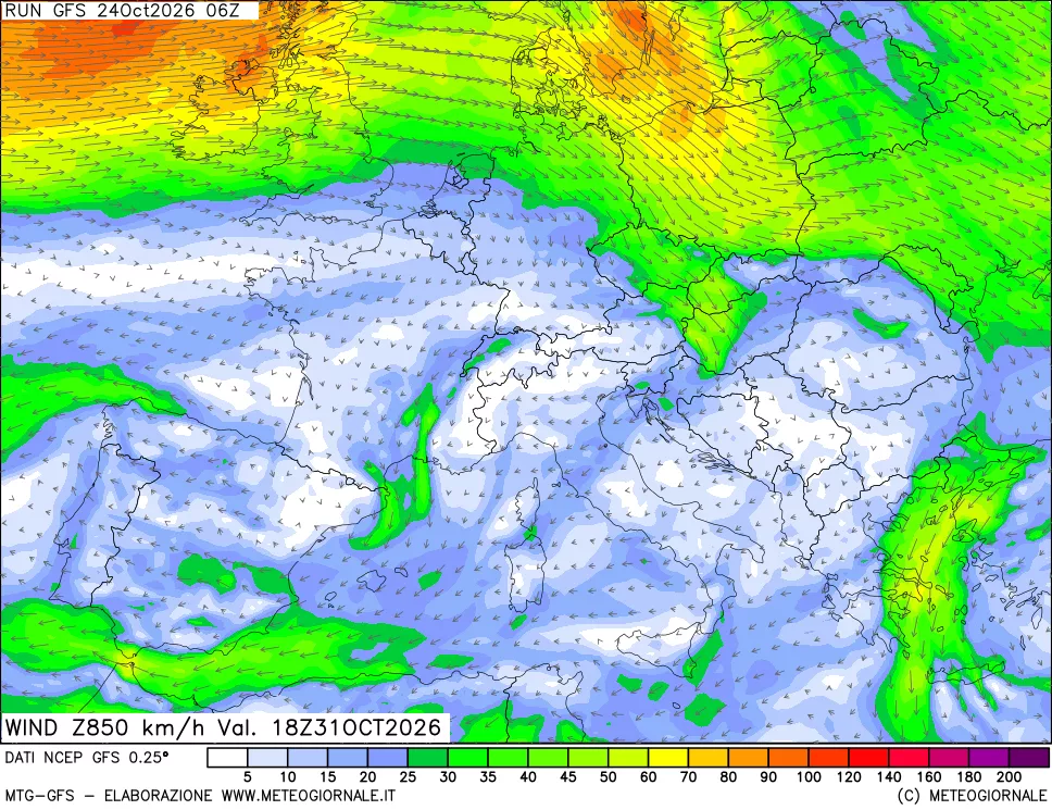 mappa 850 hPa Vento forza e direzione