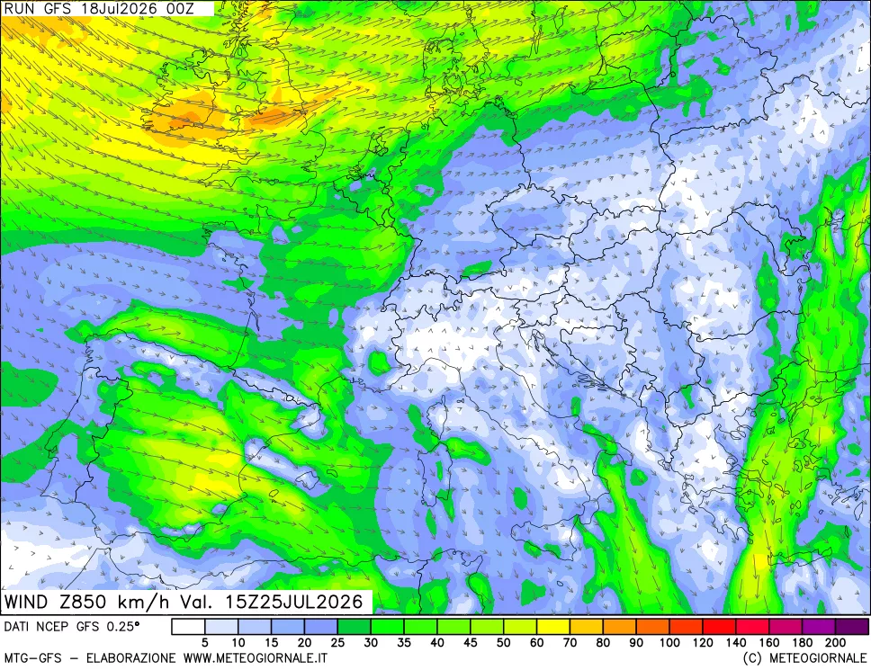 mappa 850 hPa Vento forza e direzione