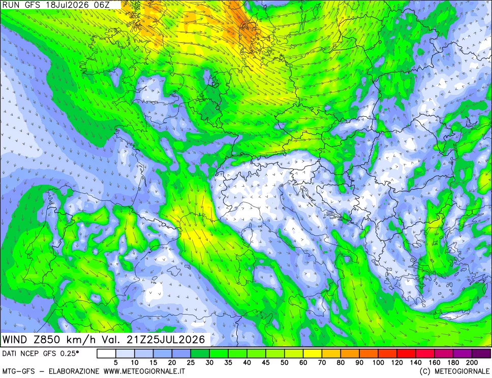 mappa 850 hPa Vento forza e direzione