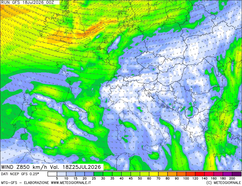 mappa 850 hPa Vento forza e direzione