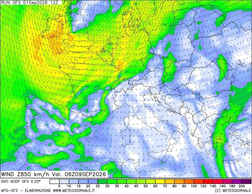 mappa 850 hPa Vento forza e direzione