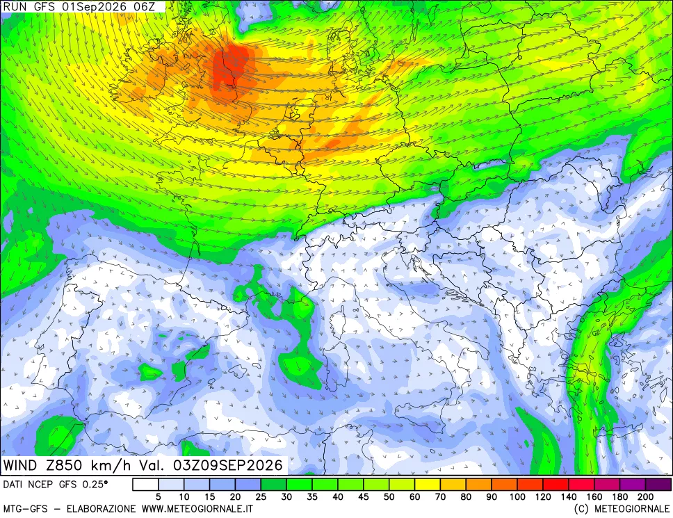 mappa 850 hPa Vento forza e direzione