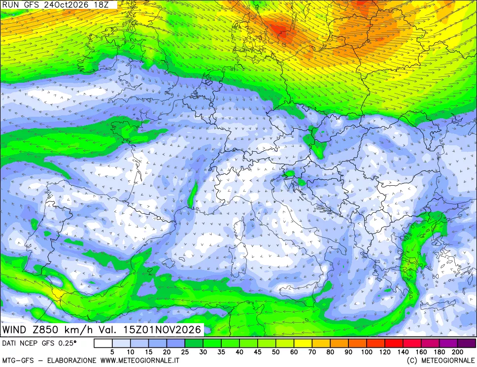 mappa 850 hPa Vento forza e direzione