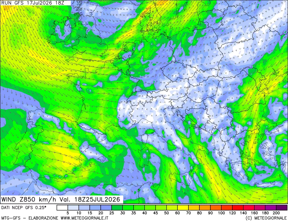 mappa 850 hPa Vento forza e direzione