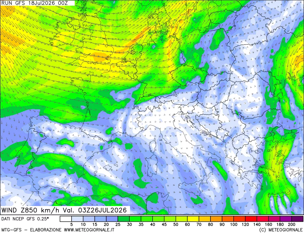 mappa 850 hPa Vento forza e direzione