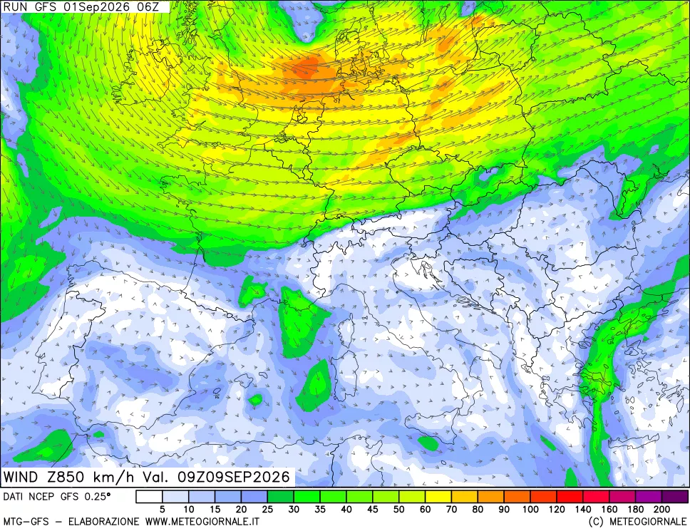 mappa 850 hPa Vento forza e direzione