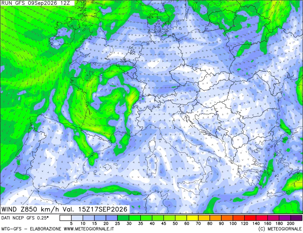 mappa 850 hPa Vento forza e direzione