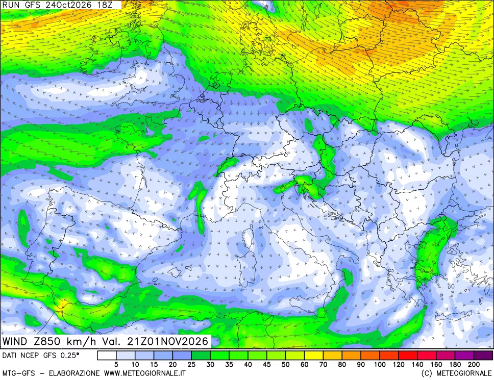 mappa 850 hPa Vento forza e direzione