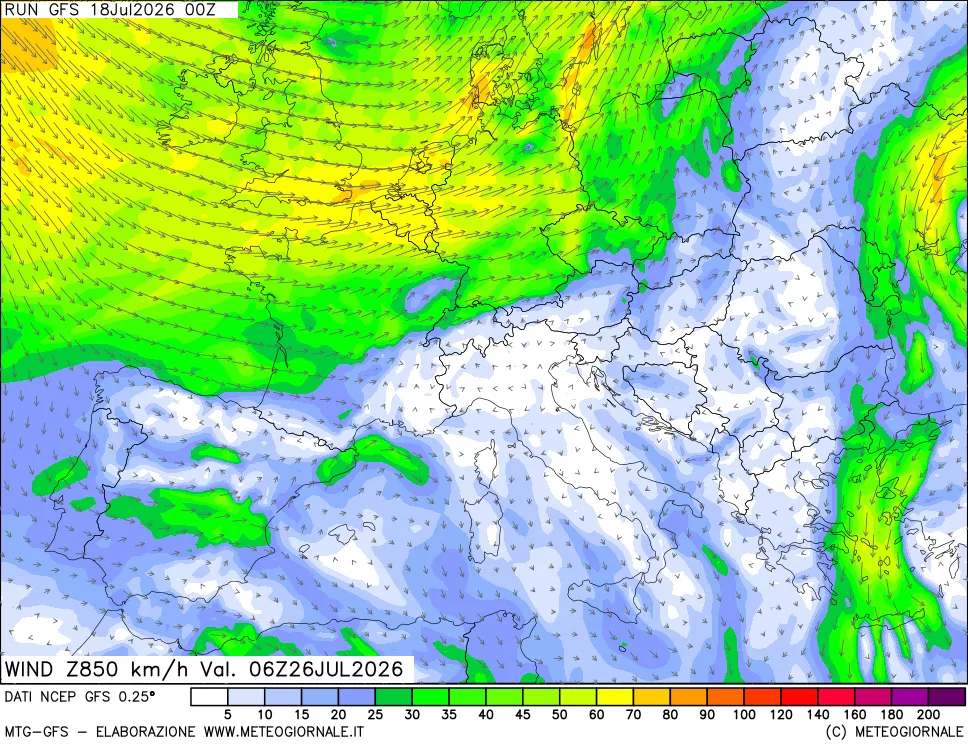 mappa 850 hPa Vento forza e direzione