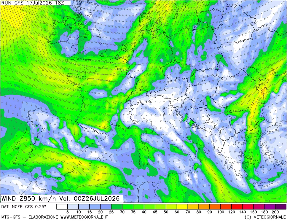mappa 850 hPa Vento forza e direzione